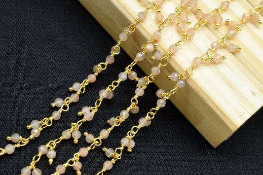 Peach moonstone Cluster Rosary Chain,Gemstone Chain,Wire Wrapped Necklace Chain,Peach Dangling Faceted Chain,Handmade Station Link Jewelry
