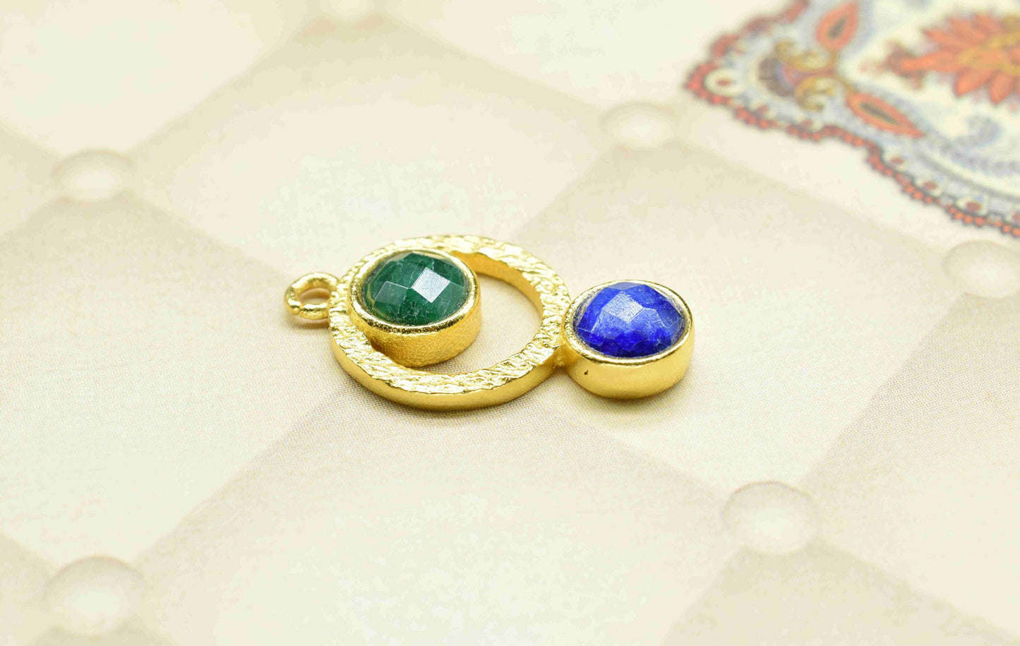 Emerald Pendant , Sapphire Pendant Multi Gemstone Handmade Pendant , Gold Plated Connectors ,Single Bail Gemstone Connector Charm