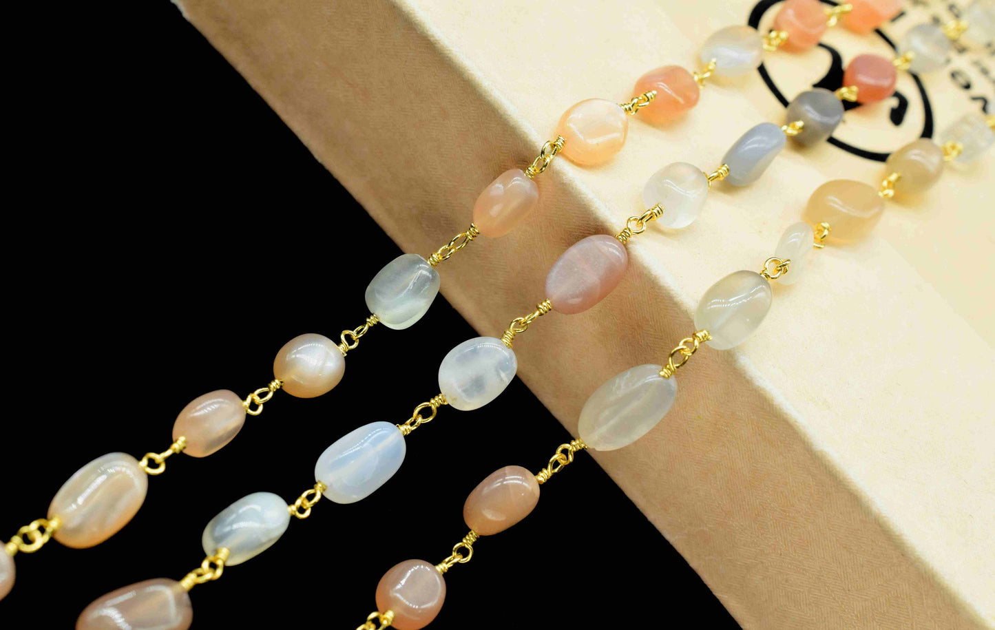 Multi Moonstone Smooth Beads Connecting Chain,Multi Moonstone Brass Wire Wrap beads Chain Jewelry,Moonstone Gold Plating Smooth Beads Chain