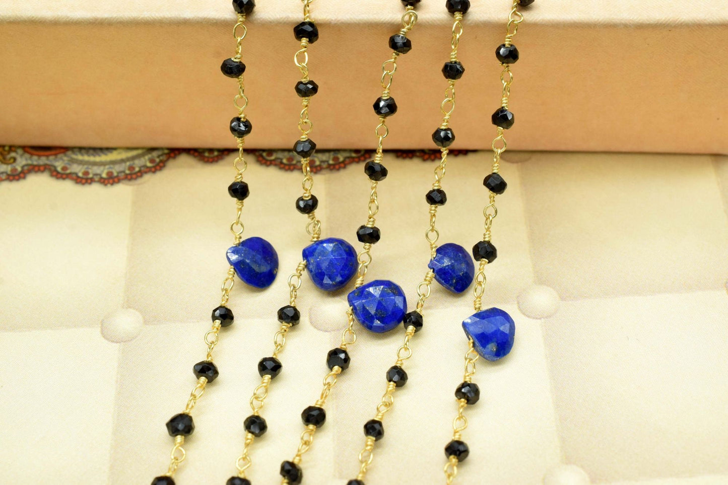 Natural lapis heart shape 5-7 approx and beads Wire Wrapped Beaded Chain 3mm Approx , black onyx Wire Wrapped Rosary Chain,gemstone rosary