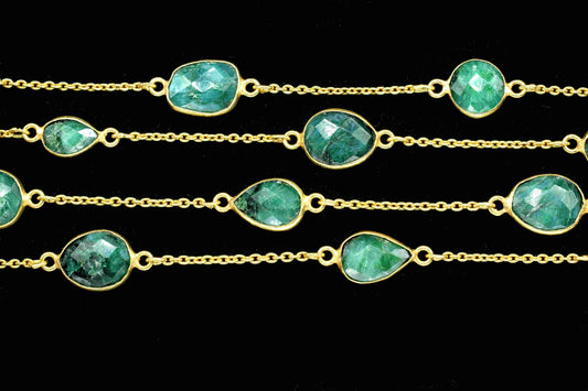 Natural Emerald Bezel Chain Connector,Gemstone Bracelet Chain,Mixed Shape Bezel Rosary Chain,Jewelry Connector,Necklace,Finding Jewelry,Gift