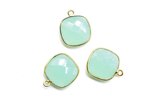 Aqua Chalcedony 14mm Cushion Bezel charm,Aqua Chalcedony Bezel Findings Cushion Charms,Cushion Shape Connectors,Single Bail Loop Gold Plated
