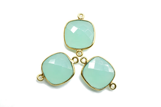 Aqua Chalcedony 14mm Cushion double loop connectors,Aqua Chalcedony Bezel Findings Cushion Charms,Cushion Shape Gold Plated Connectors,