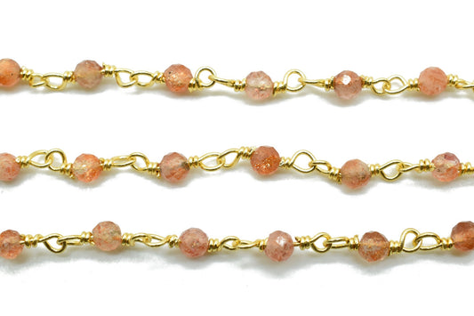 Sunstone 3mm Beaded Chain,Rosary Chain,Sunstone Bead,Anglican Rosary,Wire Wrapped Gold Chain,18 k Gold Natural Sunstone Rosary Chain Finding