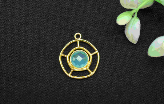 Aqua Chalcedony Gemstone Component , Single Bail Charm , Aqua Chalcedony Connector Pendant , Gold Plated Connectors , Earring Component