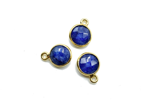 Genuine Blue Sapphire 8mm charm,Sapphire Pendant,Sapphire Round Gold Plated bezel,Vermeil Bezel,jewelry making charm,Emerald Brass connector