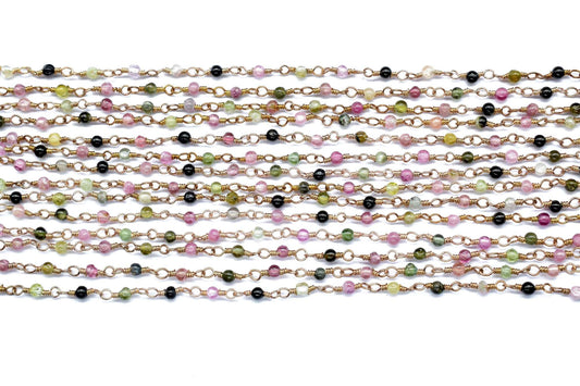 Multi Tourmaline 2mm round Rosary chain,Handmade Rosary, rose Gold Plated Rosary Chain,Brass rose gold plated cluster chain,gemstone chain