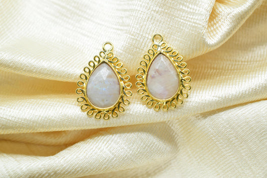 Rainbow 10x14mm Teardrop Charm,Gemstone Teardrop Bezel,Handmade Pendant connector,Single Bail Pendant,Moonstone Bezel Charm,Necklace Pendant