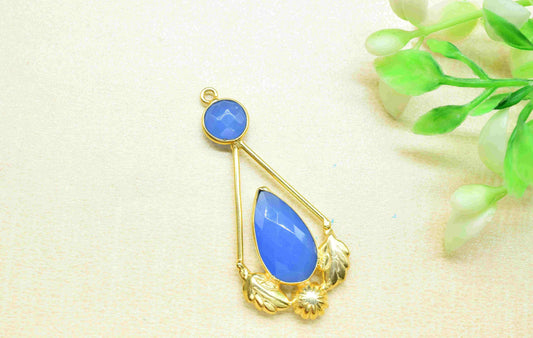 Blue Chalcedony Gemstone Pendant , Blue Chalcedony Handmade Pendant , Multi Gemstone Charms , Gold Plated Gemstone Connectors , B'day Gift