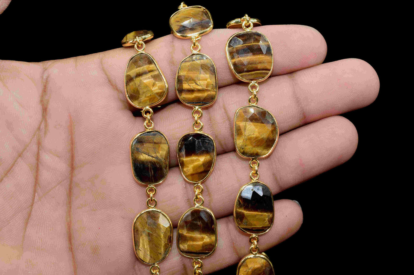 Tiger Eye Bezel Link Chain,Tiger Eye Bezel Bracelet,Tiger Eye Jewelry,Tiger Eye Gemstone Bezel Continuous Connector Chain,Handmade BezelLink