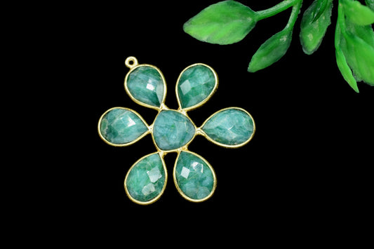 Emerald pendant,May birthstone pendant,Handmade Jewelry Gift,Yellow Gold Handmade Natural Green Gemstone Pendant,single loop,floral,multi
