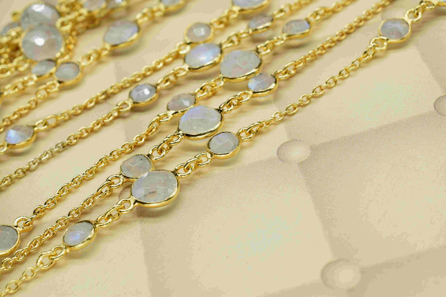 Rainbow Moonstone Bezel Chain Connector, Gold Plated Gemstone Chain, Bracelet Chain,Round Bezel Beads Rosary Chain,Rainbow Jewelry Connector