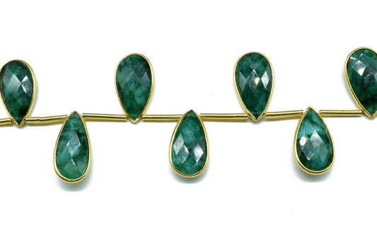 Emerald Side to Side Drilled chrams,Faceted Teardrop Gold Bezel Rim,pendant,earring findings,Emerald connector,Gemstone drilled bezel strand