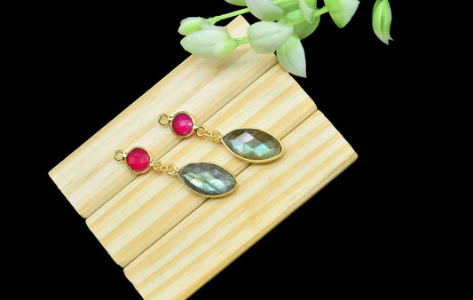 Labradorite Component pendant,Multi Gemstone Dangle Earring,Chalcedony Connector jewelry,Dangle pendant Charm,Handmade Station Bezel Link,