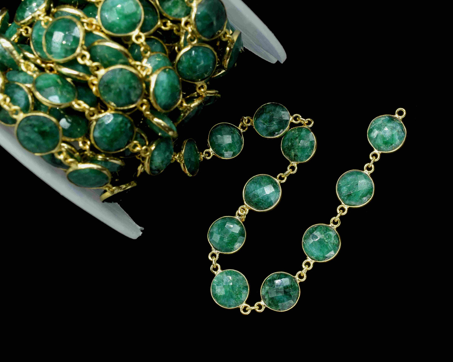 Natural Emerald 10mm Round Shape Faceted Bezels Chain,Gold Bezel Chain,Gemstone Bezels link Chain,Emerald Bezel Jewelry,Emerald Jewelry,Gift