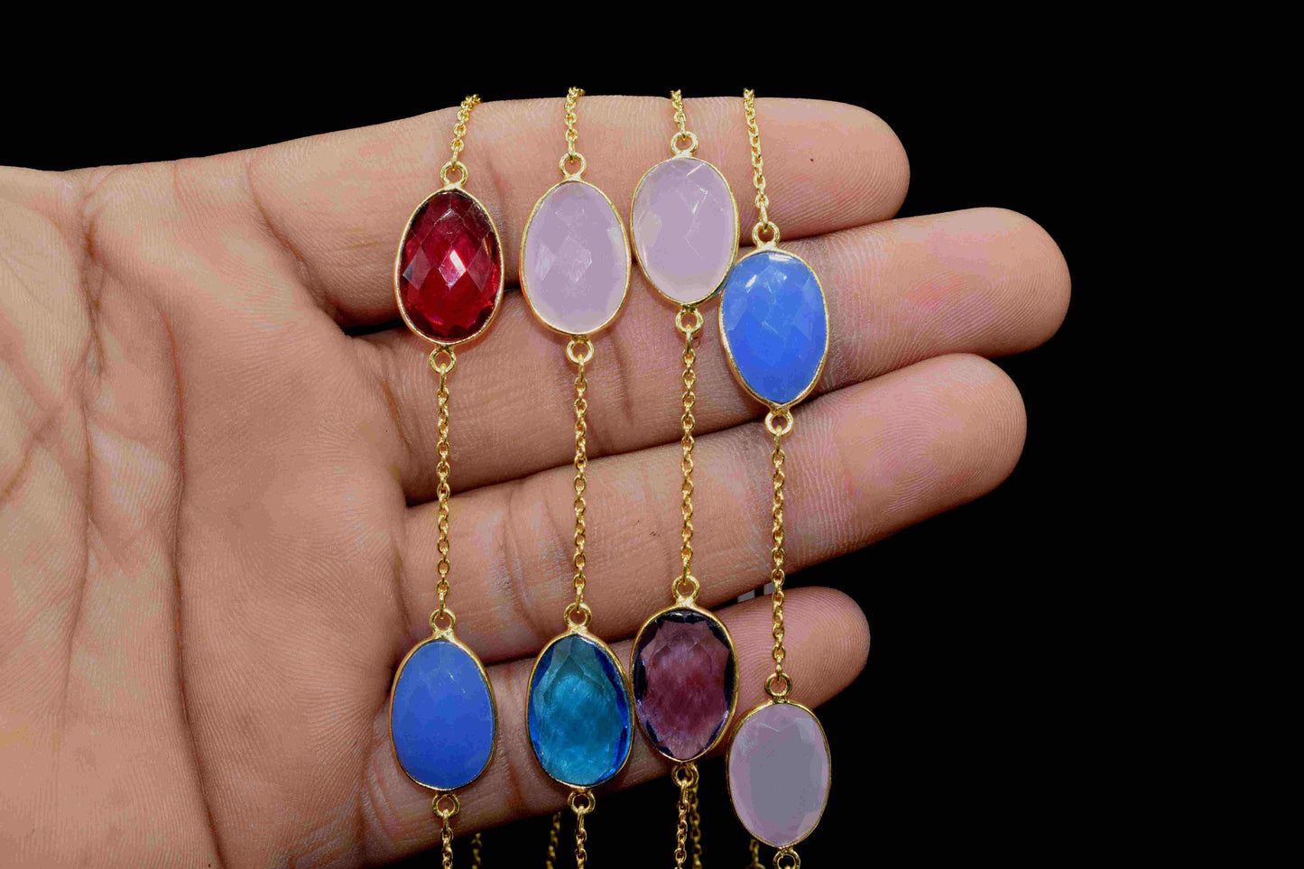Multi Stone Gold Plated Gemstone Bezel Connector Chain,Gemstone Bezel Chain,Connector Link Chain,Multi Stone Bezels Jewelry,Oval Shape Chain