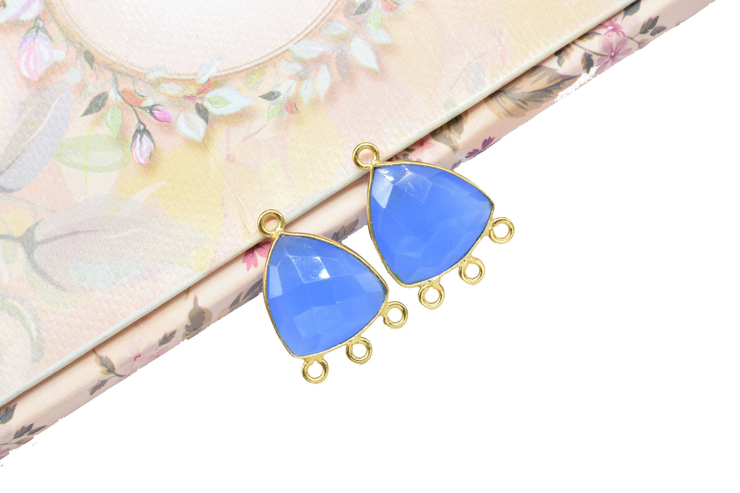 Blue Chalcedony 15mm Trillion Shape Gold Plated Bezel Connector,Blue Chalcedony Faceted Connector,Blue chalcedony Single bail component,Gift