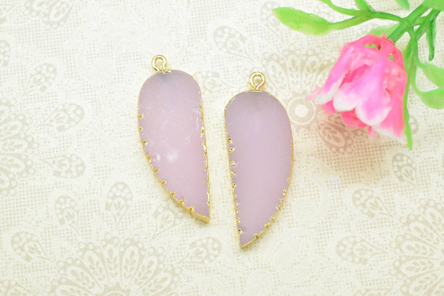Rose Chalcedony Angel Wings Pendant,Handmade Leaf Shape Connector,Rose Quartz Connectors Jewelry,Single Bail,Gemstone Leaf Pendant Necklace