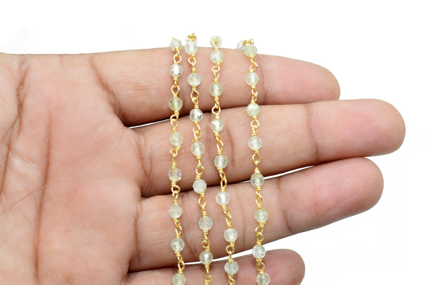 Prehnite 3mm Beaded Chain,Natural Green Prehnite Rondelle Faceted Beaded Rosary Chain,Gold Plated Wire,Jewelry Making,Finding,Gold Chains