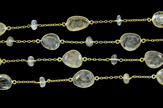 gold Rutile Faceted Bezel Link Chain, gold Rutile Free Bezel Chain, gold Rutile Gemstone Connector Chain, Free form Size Faceted Gemstone