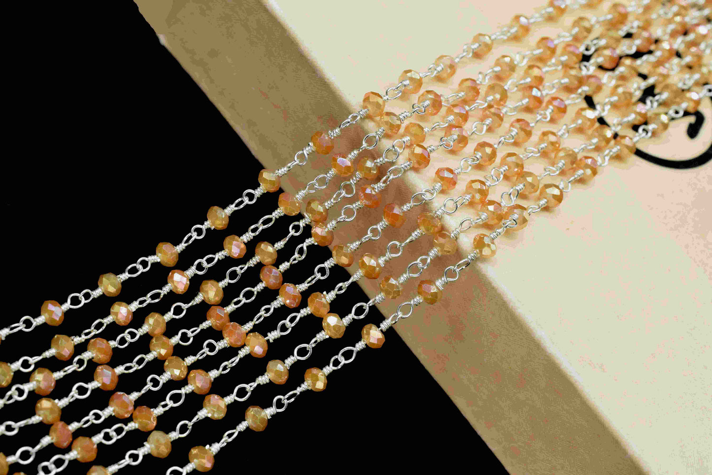 Peach Moonstone Quartz Beads Chain,Wire Wrapped Rosary Chain,Moonstone Coated Bead chain,Handmade Rosary Jewelry Making,Beaded Rosary Chain