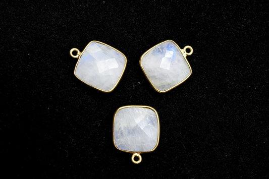 Moonstone 14mm Cushion Bezel charm,Elegant Moonstone Gemstone Components Cushion Shape Connectors,Single Bail Over Brass Gold Edge Jewelry