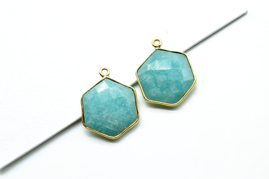 Amazonite 16mm Hexagon Shape Pendant,Gold Plated Single Bail Gemstone Connector,Faceted Hexagon Shape Gemstone Bezel,Hexagon Charm Pendants