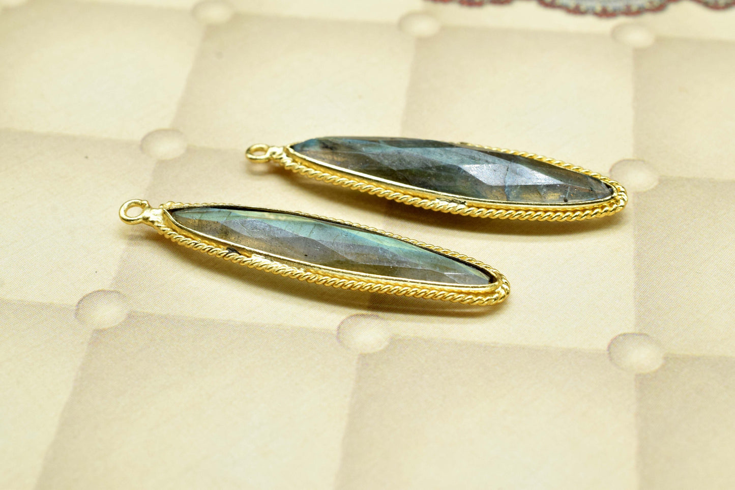 Natural Labradorite Gemstone 7x34mm marquise shape bezel,Labradorite Single Bail Connector,Labradorite Gold plated Pendant,Designer bezel