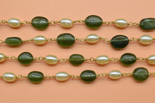 Green Strawberry and Pearl Rosary Chain,Beads Necklace Wire Wrap Rosary,Jewelry Making Beaded Chain By Foot,18K Gold Plated Oval Shape Beads