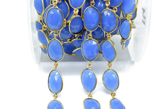 Blue Chalcedony Bezel Connector Chain,Free form Size Faceted Gemstone Connector Chain,Handmade Bezel Link Chain,Gold Plated Bezel Link Chain