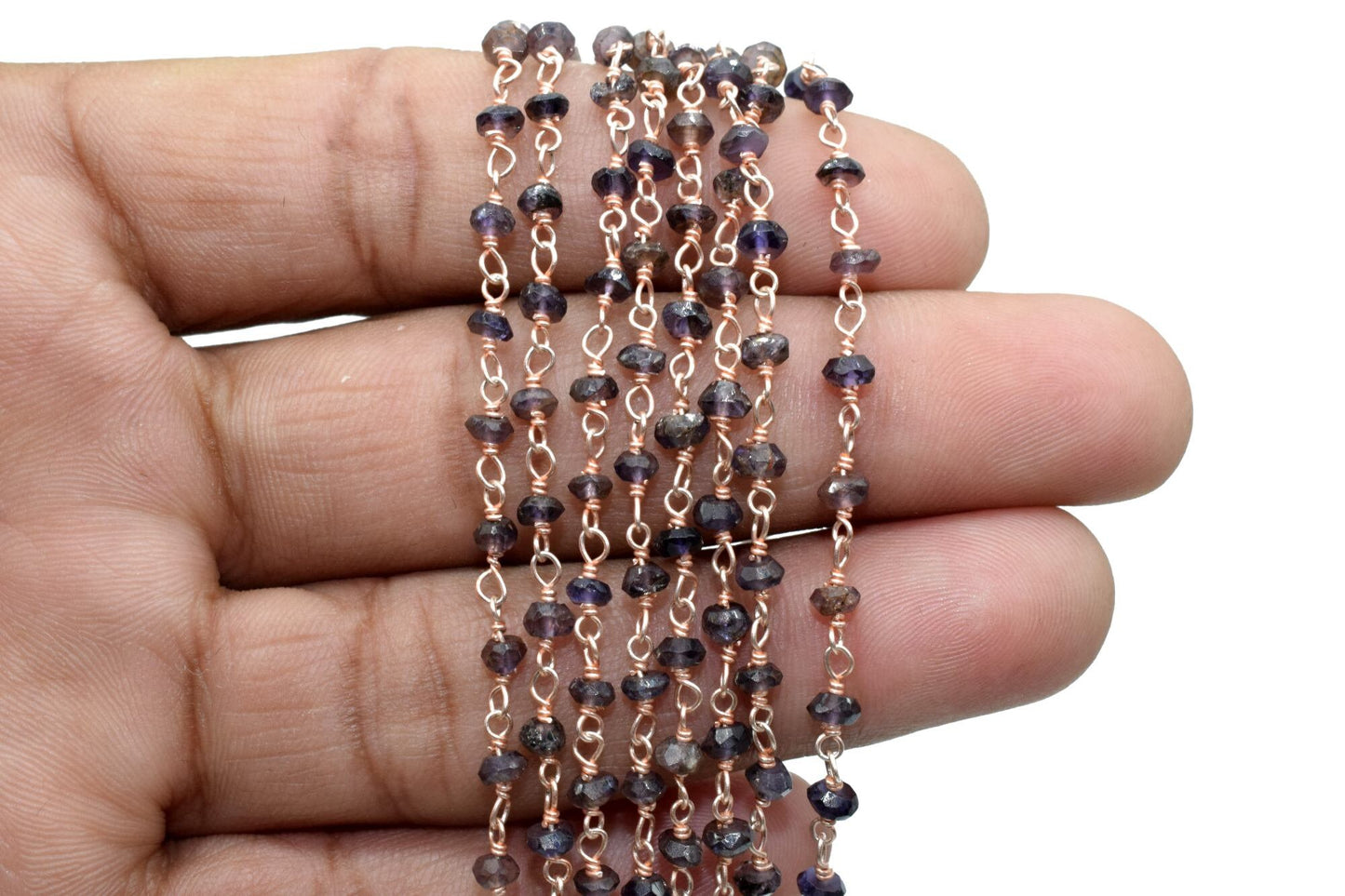 Rose Gold Plated iolite Rosary Chain,Purple Crystal Beaded Chains,3mm iolite Beaded Chain,Wholesale Price Rosary Roll,Faceted beads,