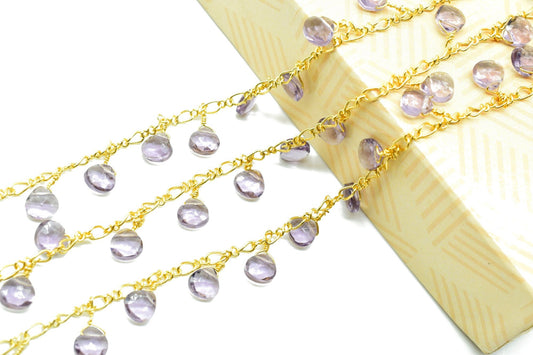 Amethyst 6mm Heart shape Briolette Chain,Briolette Wire Wrapped Gemstone chain,Faceted Rosary Chain,Handmade Gemstone rosary style chains