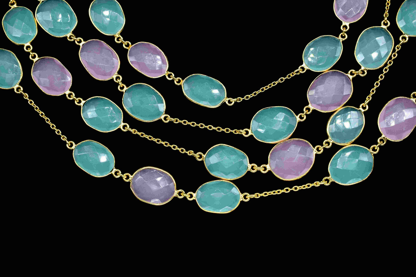 Aqua Chalcedony & Pink Chalcedony Oval Connector Chain,Gemstone Gold Plated Rosary Chain,Bezel chains, Chalcedony Gold Bezel Connector Chain