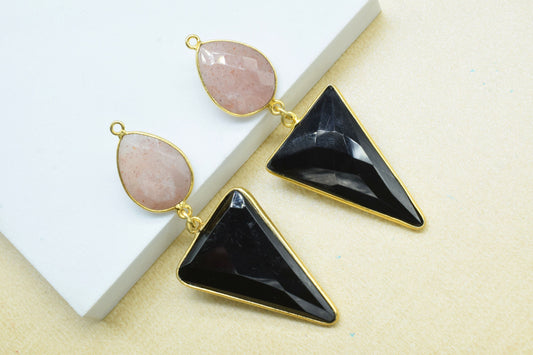 Black Onyx Dangle pendant Charms,Peach Moonstone Connectors,Handmade jewelry,Component pendant,Station Link,Multi Gemstone Dangle Earrings