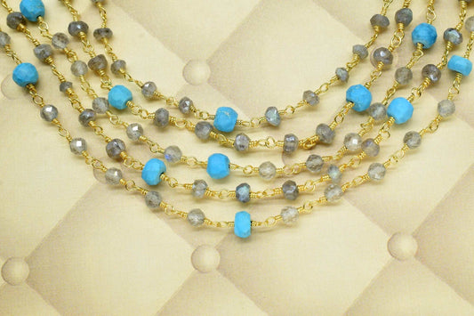 Labradorite 3mm Beaded Chain,Labradorite Rosary Chain,Gold Plating Wire Wrap Chain,Tourquise beaded chain,combination rosary ,dual gemstone