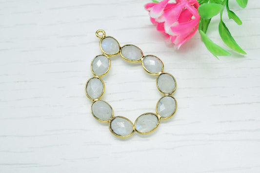 Moonstone loop connector,Natural Rainbow Moonstone,Bezel pendant ,floral gold Plated Single Point Bail,gemstone pendant,gold plated pendant,