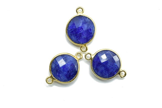 Genuine Blue Sapphire 12mm Round double bail connectors,Sapphire Round Gold Plated bezel,Jewelry making charms,Sapphire Brass connectors,