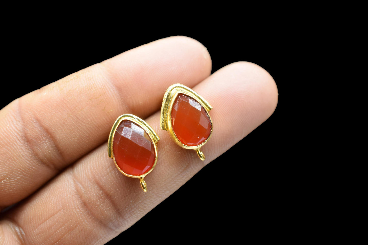 Carnelian Studs Connector/Gold Plated Earring/Handmade Studs/Bezel Set Studs/Teardrop Earring/Women Jewelry/Connector Studs/B'day Gift