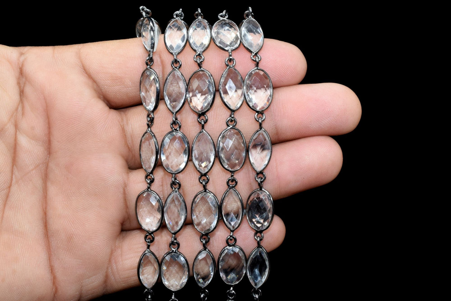 Crystal Bezel link Chain I Handmade Bezel Link Chain,Clear Quartz black rhodium Bezel Chain IBrass Chain,Gemstone Connector Chain Per Foot