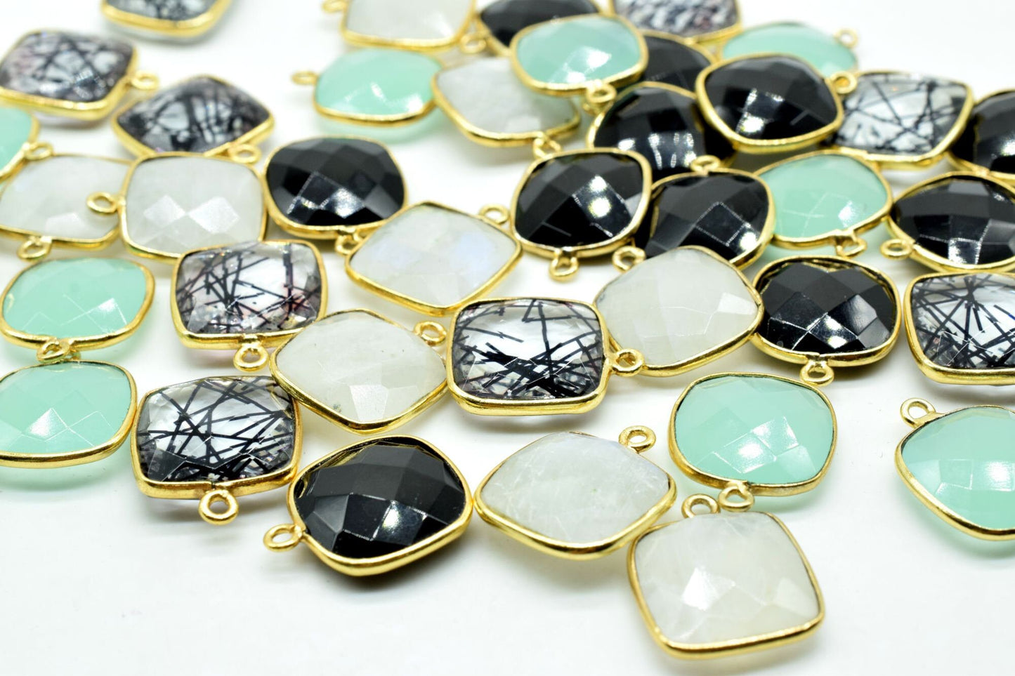 Aqua Chalcedony 14mm Cushion Bezel charm,Aqua Chalcedony Bezel Findings Cushion Charms,Cushion Shape Connectors,Single Bail Loop Gold Plated