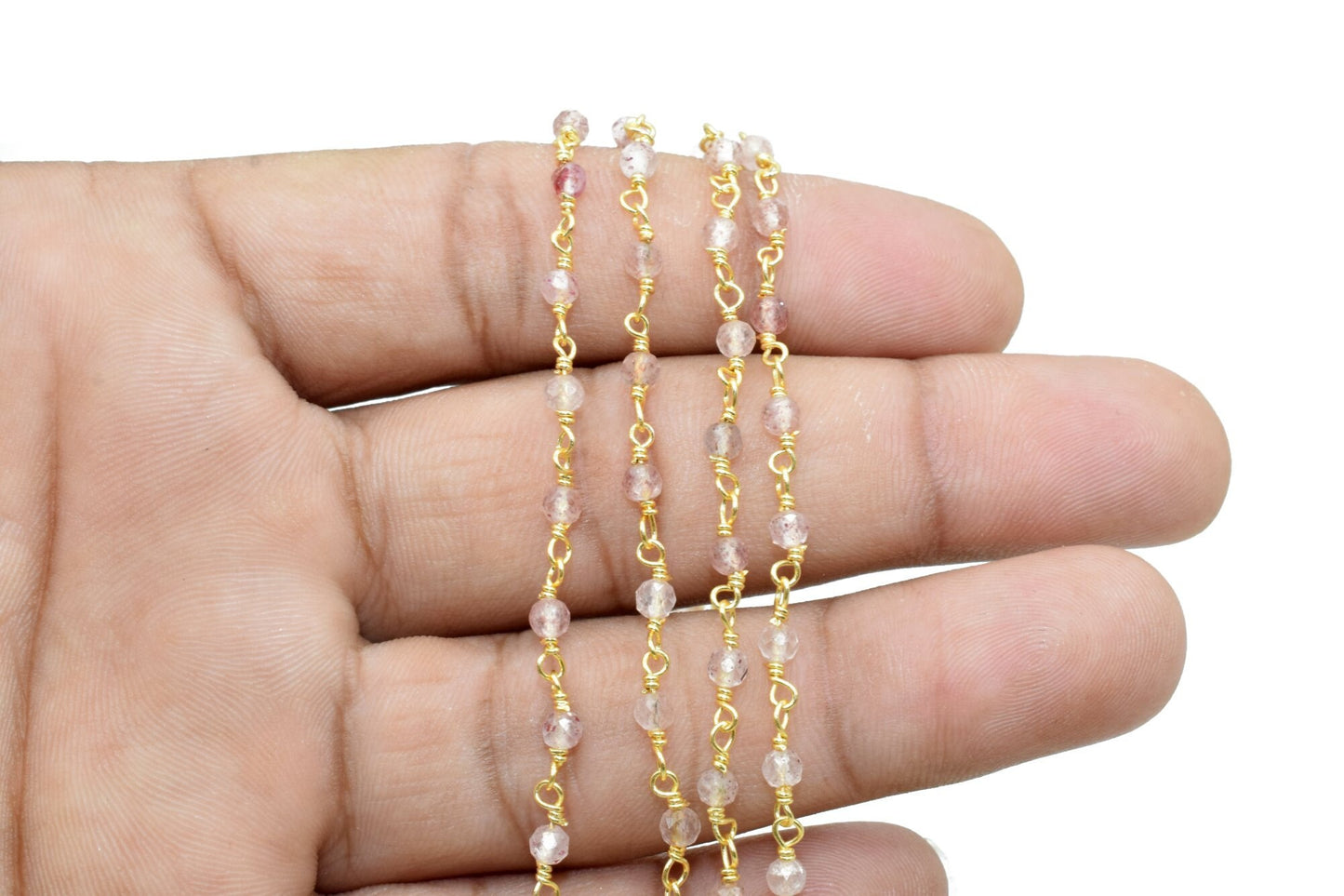 Berry Quartz 3mm Beaded Chain,Berry Quartz wire wrapped chain,Gold chain,rosary chain,jewelry making supplies,Gold Plated Wire Wrapped Chain