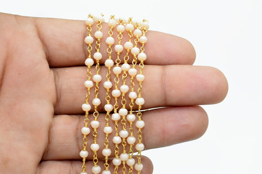 Peach Agate 3mm Beaded Chain,Peach Agate Rosary Chains,Peach Agate Gold Plating Wire Wrap Chain,Brass chainJewelry Making Chain Rosary chain