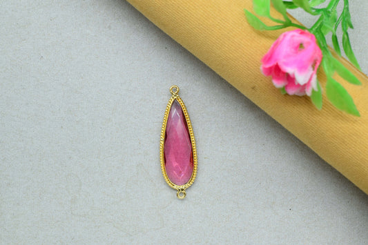 Pink Tourmaline 10x30mm pear shape Pendant,Tourmaline Faceted Charms Connector Jewelry,Pink Tourmaline Gold Plated Double bail bezel,Gift
