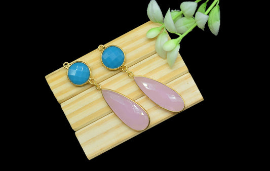 Multi Gemstone Dangle pendant Charms,Pink Chalcedony pendant Connector,Turquoise Dangle Earring,Handmade Station Bezel Link,Component Gift