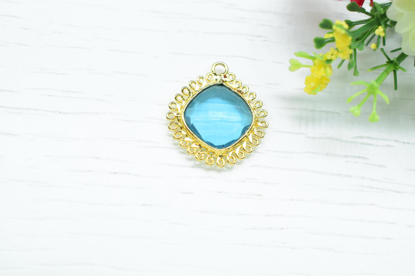 Sky Topaz 14mm Cushion Bezel Charms,Gemstone Single Bail,Component charm,Handmade Jewellery Connectors,Boho Pendant Charm,Bday Gift