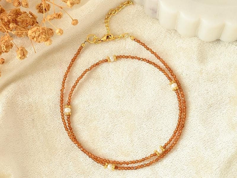 Hessonite Garnet Beaded Necklace,Hessonite Garnet Micro Faceted Necklace,garnet Necklace,Gemstone Jewelry,gemstone choker,Handmade Jewelry