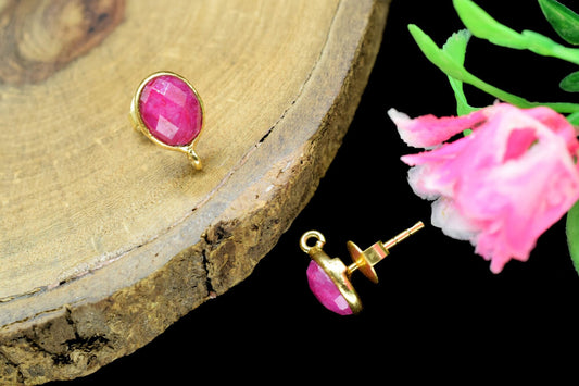 Natural Ruby 6x8mm oval shape Earring connector Stud post setting with loop open bail,Hot Natural ruby Gold Plated Earring With Loops