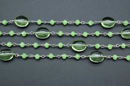 Natural Prehinte Smooth Oval Rosary Style Beaded Chain,Gold Plated Wire Wrapped Chain,Gemstone Linked Handmade Chain,Jewelry Making,Per Foot