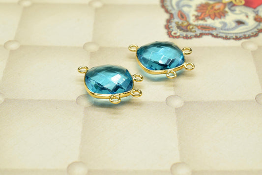Blue Topaz Charms,Blue Topaz Gemstone 14mm Square Shape Charms,Topaz Faceted Gemstone Bezel Jewelry,Topaz Gold Plated Single Bail Connector