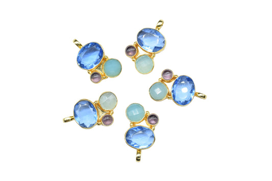 Three Stone Pendant,Handmade Pendant,Aqua Quartz Pendant,Boho Pendant,Brass Pendant Charm,Tanzanite Pendant,Gemstone Pendants jewelry Gift
